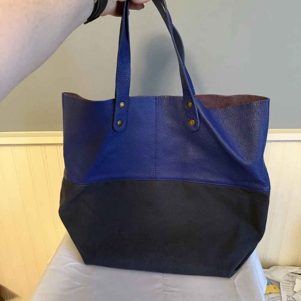 Royal Blue Navy Leather Canvas North South Rectangle Tote Bag Purse Unbranded